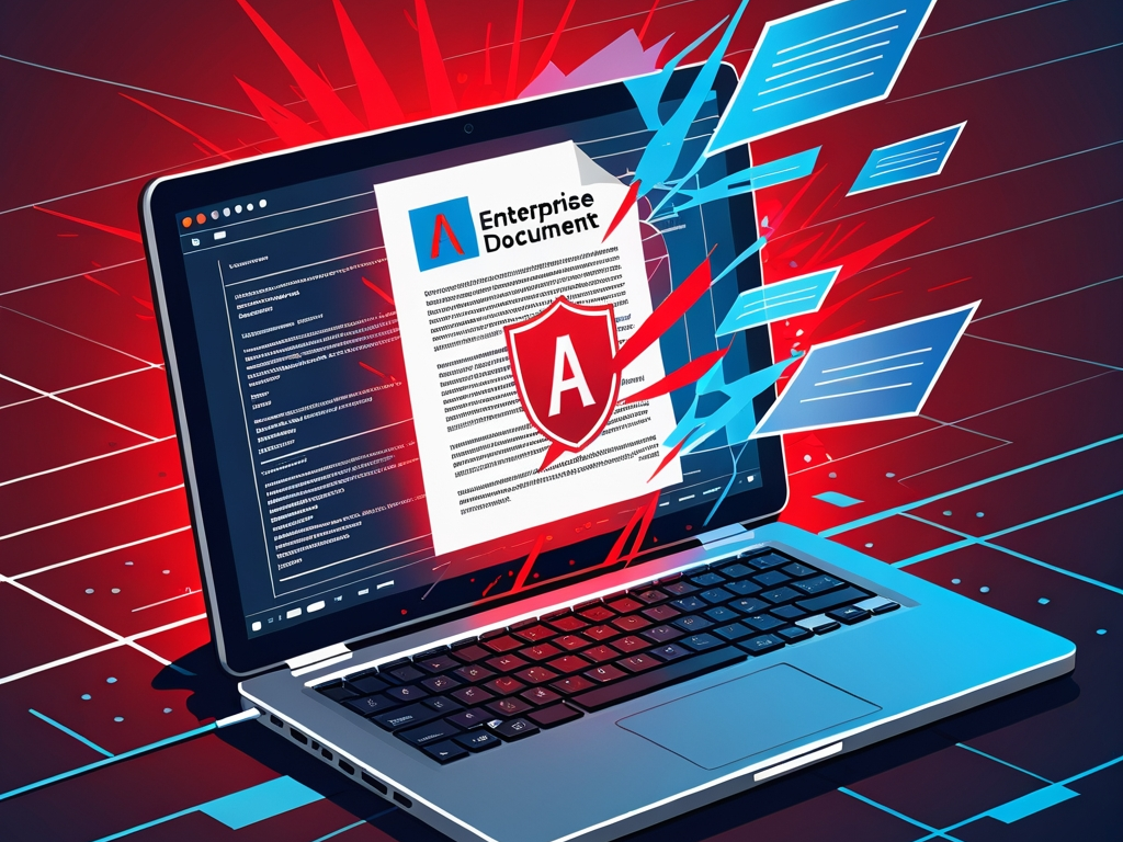 Cybersecurity illustration showing a malicious PDF attacking an enterprise workstation through Adobe Reader
