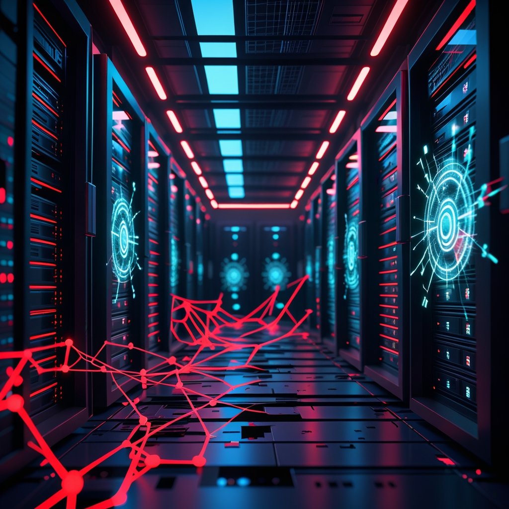 Autonomous AI ransomware visualization showing self-learning malware attacking corporate infrastructure