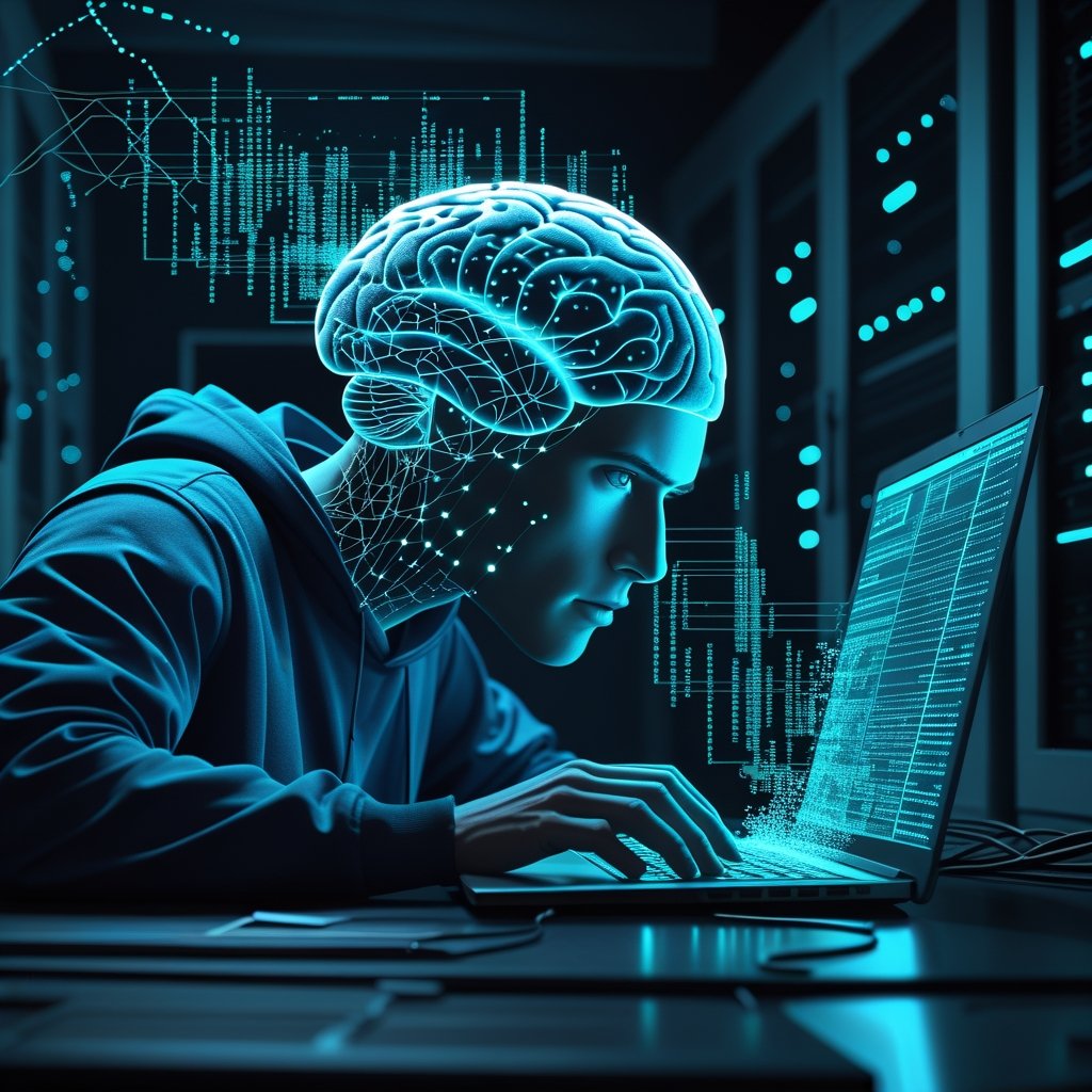 Digital AI brain being siphoned by hackers through API extraction attack visualization