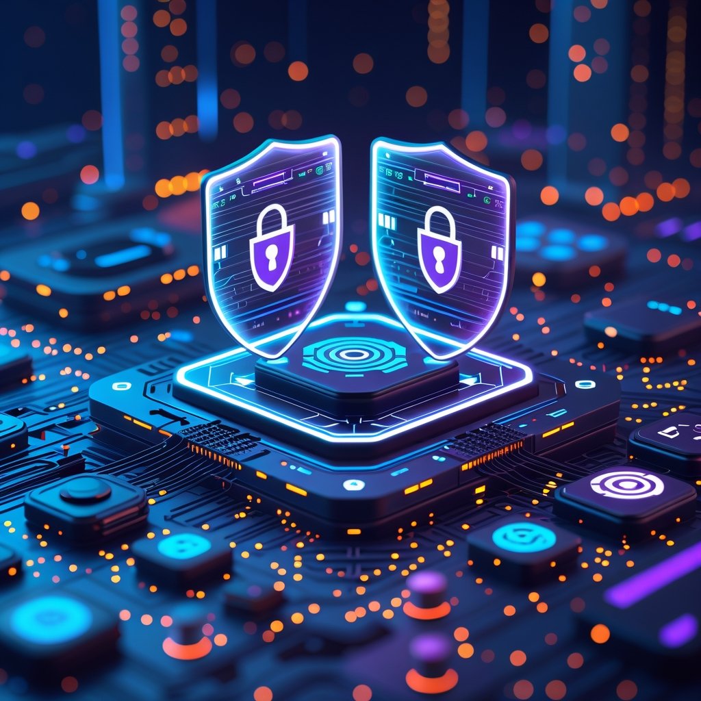 Edge AI security concept showing IoT devices with protective shields and secure network connections