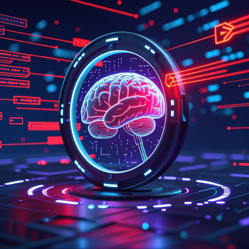 Cybersecurity visualization showing AI brain protected by shield from API attack vectors