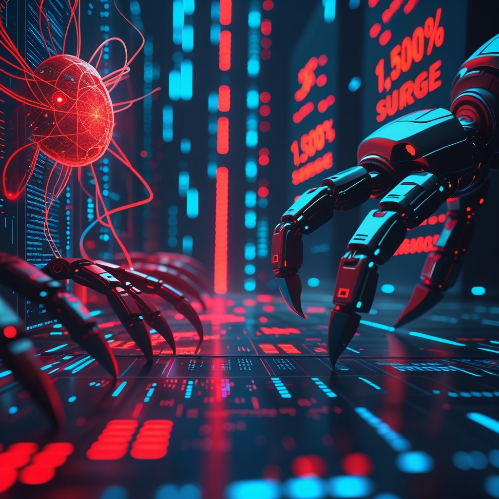 Cybersecurity threat intelligence visualization showing AI-powered cybercrime surge with digital attack vectors