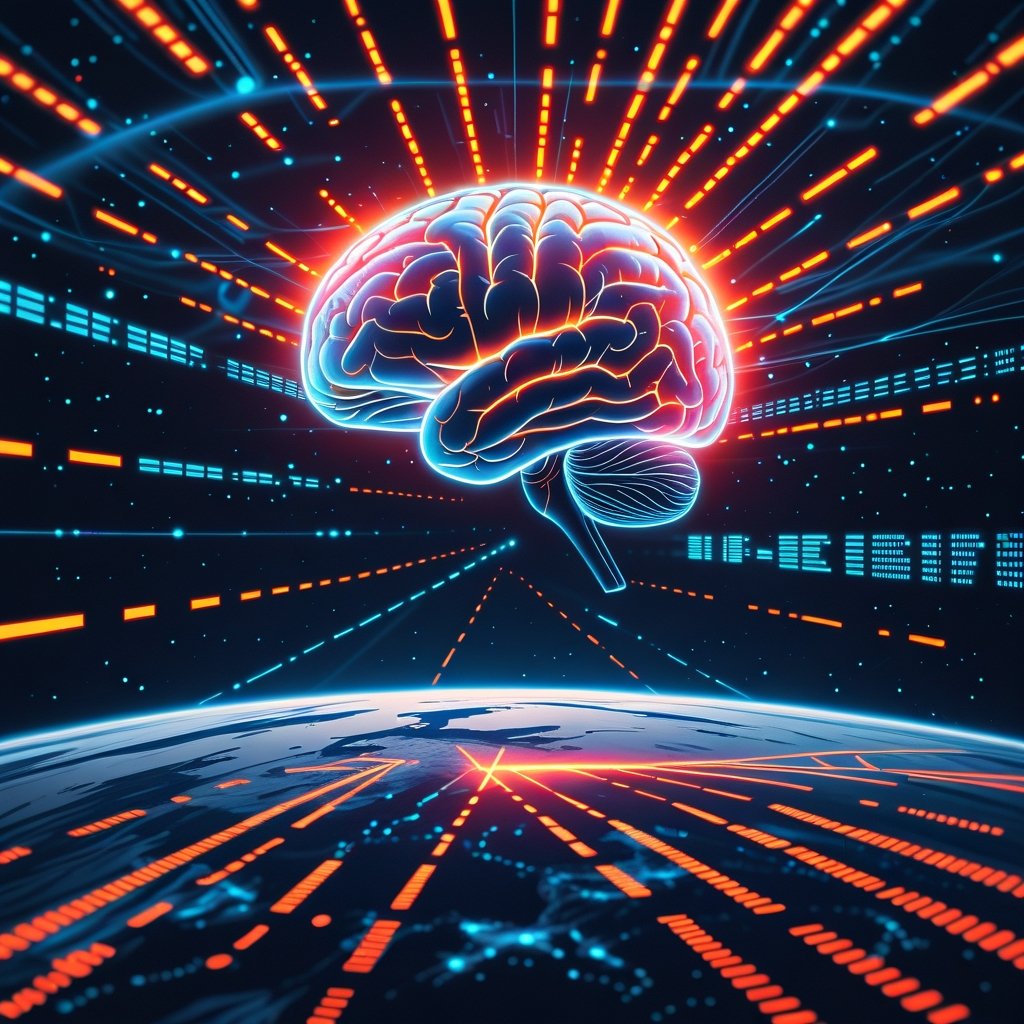 AI as a global threat visualization showing neural network over Earth with cyber attack indicators