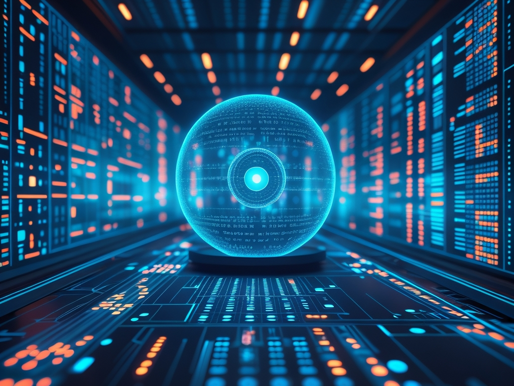 Futuristic quantum computer visualization with glowing blue qubits and encrypted data streams